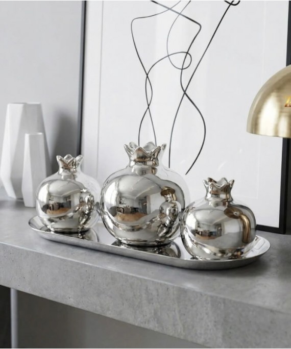 ZEYVE SILVER CERAMIC 3-PIECE POMEGRANATE SET TRAY 23x10x9cm